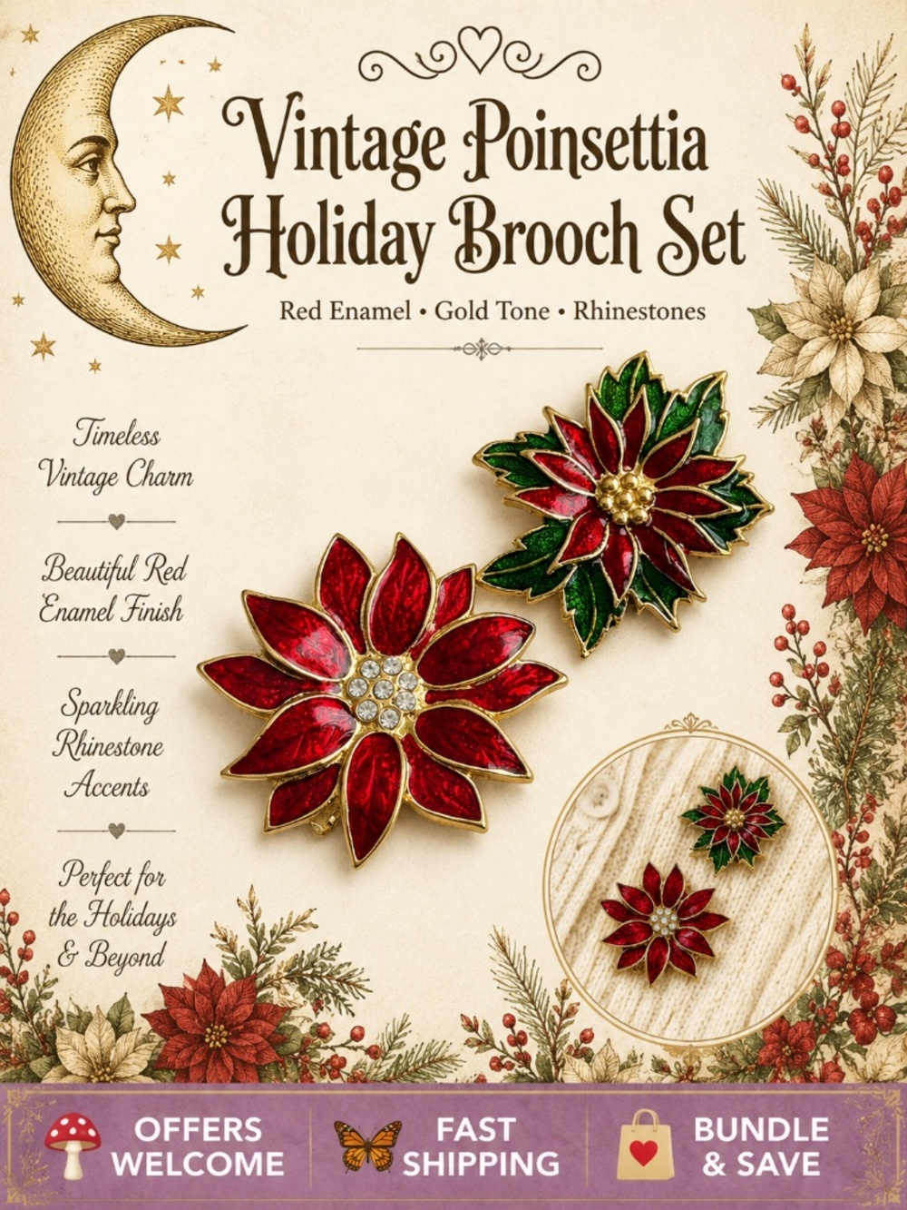 Set of 2 Vintage Poinsettia Brooches Red Enamel Rhinestones Holiday Pins